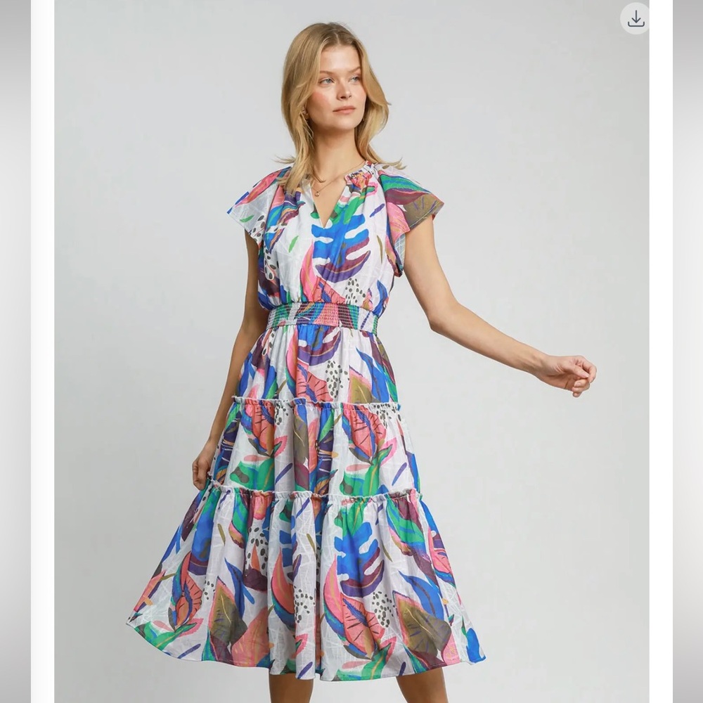 Umgee Multicolor Leaf Print Midi Dress - White Base with Blue, Pink, Green